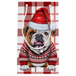 Sacola Para Presentes Pequena Natal do Bulldog Vermelho e Xadrez Branca