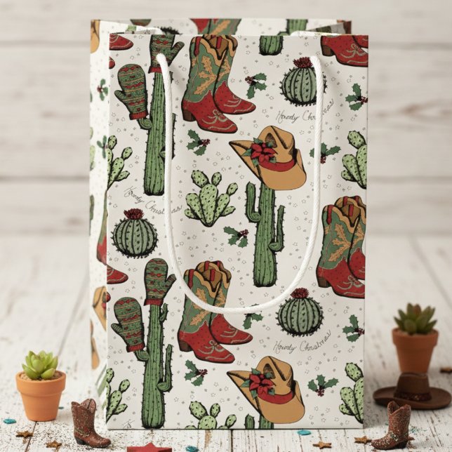 Sacola Para Presentes Pequena Natal do Cowboy Ocidental Vermelho e Verde (Country Western Cowgirl Howdy Christmas Gift Bags. Rustic Rodeo Xmas Cowboy Boots & Cacti Pattern)
