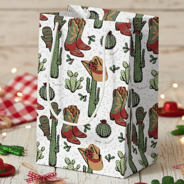Sacola Para Presentes Pequena Natal do Cowboy Ocidental Vermelho e Verde (Western Cowgirl Howdy Christmas Gift Bags for Her. Elegant Xmas Cowboy Boots, Cacti, Holly Berries)
