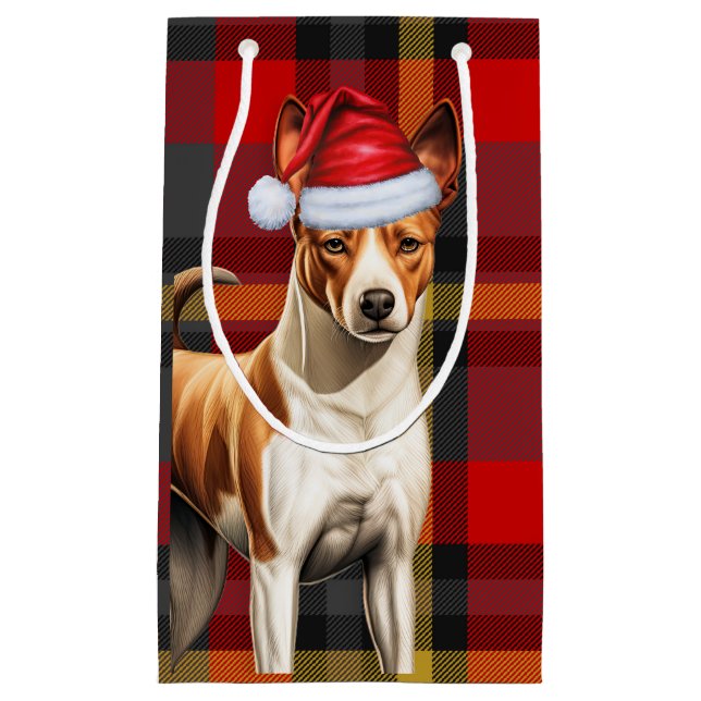 Sacola Para Presentes Pequena Natal do Feriado do Cachorro Basenji Vermelho e Xa (Frente)