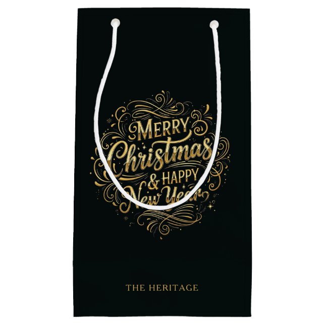 Sacola Para Presentes Pequena Natal e Feliz ano novo alegres e Dourados (Frente)