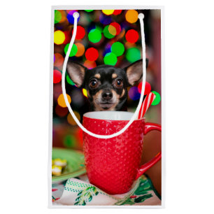 Sacola Para Presentes Pequena Natal preto e bronzeado Chihuahua