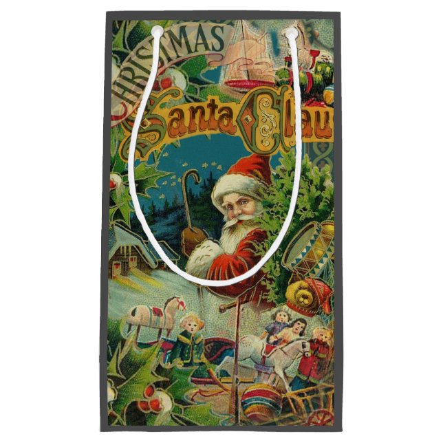 Sacola Para Presentes Pequena Natal Santa Claus Arte Antiquada (Frente)