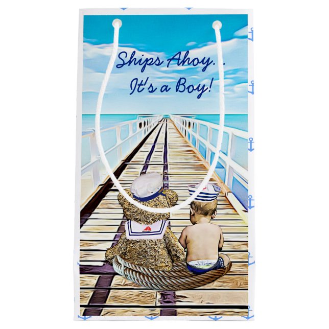 Sacola Para Presentes Pequena Navio Ahoy, é um Chá de fraldas Náutico (Frente)