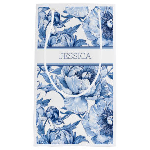 Sacola Para Presentes Pequena Nome Botânico Peônia Floral Azul Personalizado par