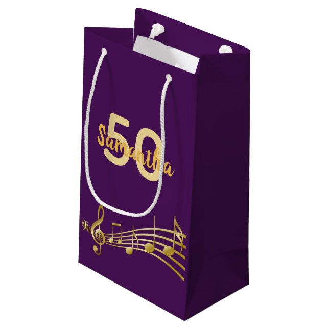 Sacola Para Presentes Pequena Nome das notas de ouro roxo festa de aniversário (Verso inclinado)