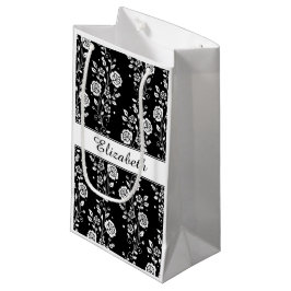 Sacola Para Presentes Pequena Nome de Padrão Floral Preto e Branco Elegante