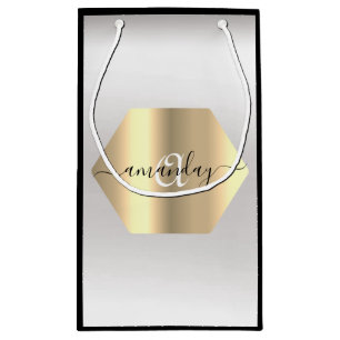 Sacola Para Presentes Pequena Nome do Monograma Cinza Preta Dourada Boutique