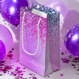 Sacola Para Presentes Pequena Nome Monograma em Metal Brilho Glitter Roxo