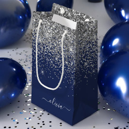 Sacola Para Presentes Pequena Nome Monograma Glitter Azul Marinho Prateado Menin