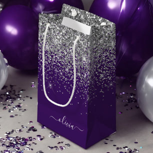 Sacola Para Presentes Pequena Nome Monograma Glitter Roxo Prateado Feminino