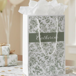 Sacola Para Presentes Pequena Nome Monograma Toile Vintage Floral Verde Salvia