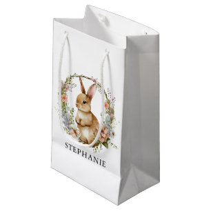 Sacola Para Presentes Pequena Nome Personalizado da Criança do Bunny Floral Pásc