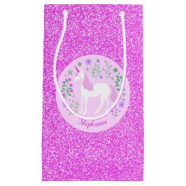 Sacola Para Presentes Pequena Nome Personalizado da Glitter Cor-de-Rosa Unicórn