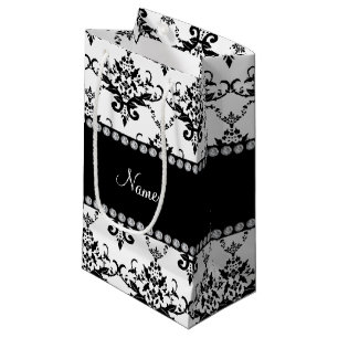 Sacola Para Presentes Pequena Nome personalizado Damask preto branco