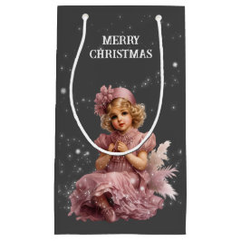 Sacola Para Presentes Pequena Nostalgia Feliz Natal em rosa-gelo