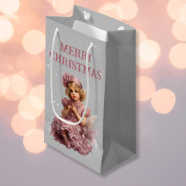 Sacola Para Presentes Pequena Nostalgia Feliz Natal em rosa-gelo