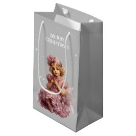 Sacola Para Presentes Pequena Nostalgia Feliz Natal em rosa-gelo