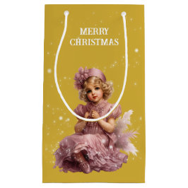 Sacola Para Presentes Pequena Nostalgia Feliz Natal em rosa-gelo