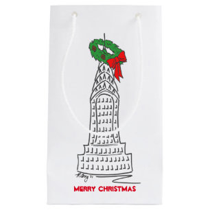 Sacola Para Presentes Pequena NYC Skyscraper Wreath Felry Natal Nova Iorque