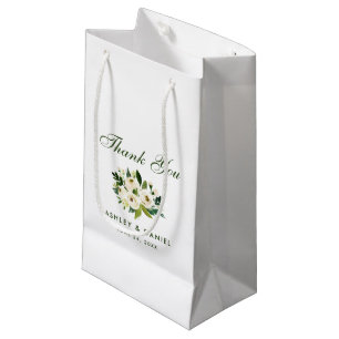 Sacola Para Presentes Pequena Obrigado branco verde floral do casamento da