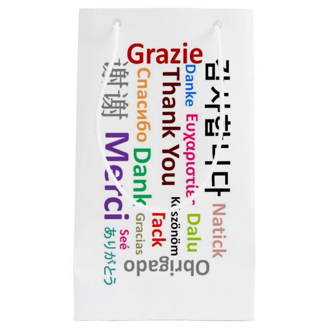 Sacola Para Presentes Pequena Obrigado, Merci, Grazie, Dank Gift Bag. (Frente)