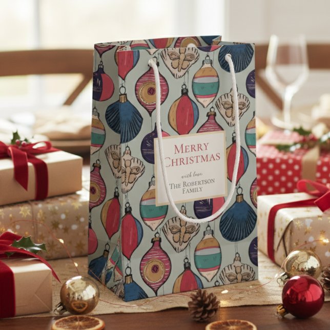 Sacola Para Presentes Pequena Ornamentos Rustic Sage Green Xmas (Colorful Sage Green Vintage Ornaments Xmas Wrapping Paper. Retro Chic Xmas Holiday Season Pattern)