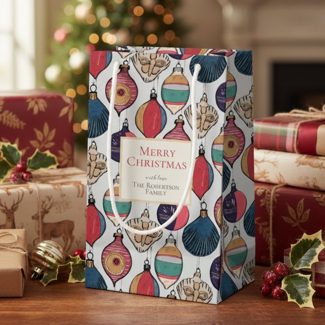 Sacola Para Presentes Pequena Ornamentos Xmas de Cinzas Rustic Light (Colorful Light Gray Vintage Ornaments Xmas Wrapping Paper. Retro Chic Xmas Holiday Season Pattern)