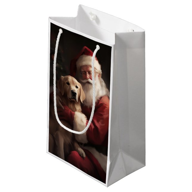 Sacola Para Presentes Pequena Ouro Retriever com Natal Clause (Frente inclinada)