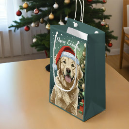 Sacola Para Presentes Pequena Ouro Retriever Em Um Chapéu De Papai Noel