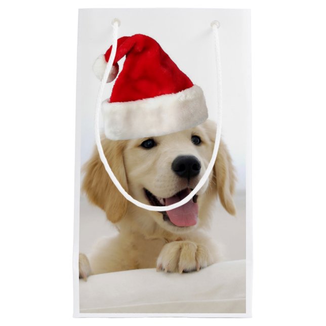 Sacola Para Presentes Pequena Ouro Retriever Puppy Natal (Frente)