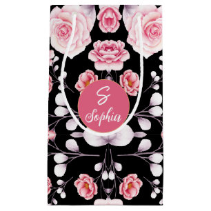 Sacola Para Presentes Pequena padrão de colheita de flores rosa Monograma pers