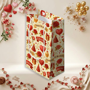 Sacola Para Presentes Pequena Padrão de Coração Floral Vintage de Aniversário e