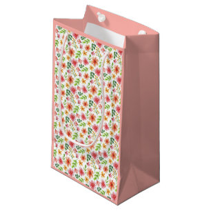 Sacola Para Presentes Pequena Padrão de Flores Rosa em Aquarela