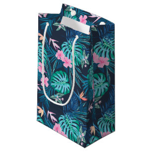 Sacola Para Presentes Pequena Padrão de Jardim de Flor Tropical Azul