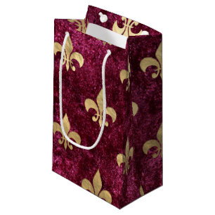 Sacola Para Presentes Pequena Padrão de Veludo Vermelho Fleur De Lis Mardi Gras