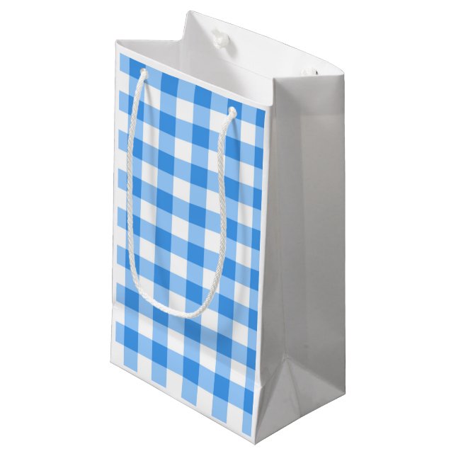 Sacola Para Presentes Pequena Padrão De Verificação De Gingham Azul E Branco (Frente inclinada)