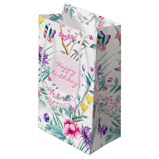 Sacola Para Presentes Pequena Padrão Floral Elegante Bohemian | Aniversário (Frente inclinada)