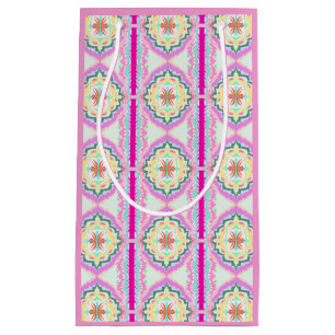 Sacola Para Presentes Pequena Padrão Floral Geométrico Rosa Chic e Dourado