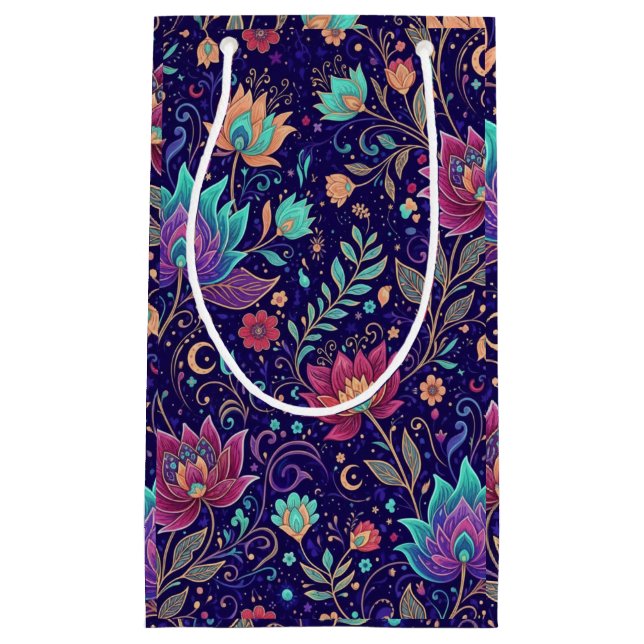 Sacola Para Presentes Pequena Padrão Floral Meia-Noite Celestial com Lua (Frente)