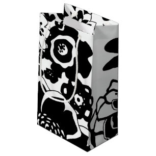 Sacola Para Presentes Pequena Padrão Gráfico do Jardim Floral Preto e Branco