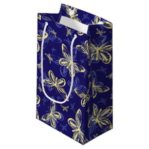 Sacola Para Presentes Pequena Padrão Ilustrado de Borboleta Azul e Amarelo