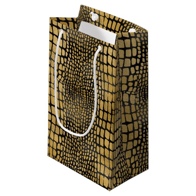 SACOLA PARA PRESENTES PEQUENA PADRÕES DE ALEGADOR PRETO E DOURADO (Frente inclinada)