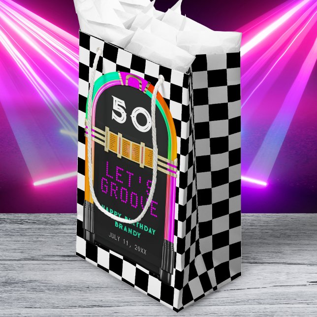 Sacola Para Presentes Pequena Painel de controle retroativo Jukebox 50th Festa d (Jukebox Retro Checkerboard 50th Birthday Party Small Gift Bag
)