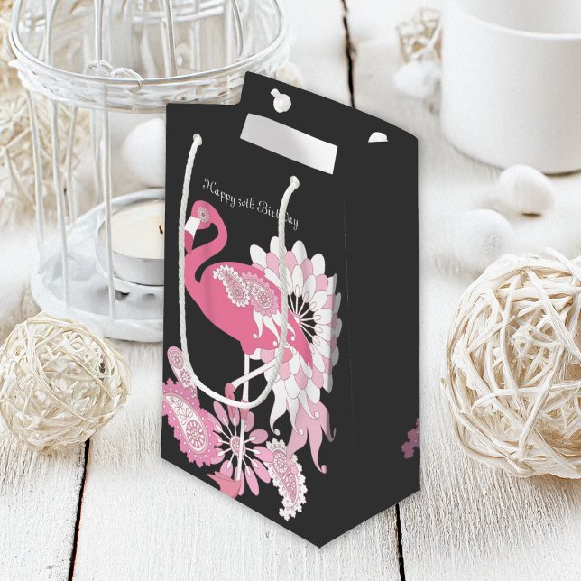 Sacola Para Presentes Pequena Paisley Negro Personalizado Rosa Flamingo Aniversá (Criador carregado)