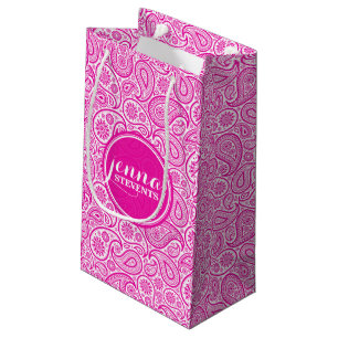 Sacola Para Presentes Pequena Paisley, Rosa Quente e Branco, Monograma