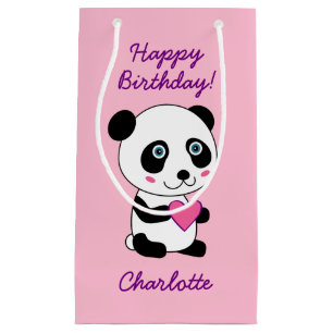 Sacola Para Presentes Pequena Panda bonita com coração rosa personalizado