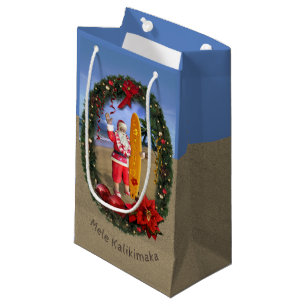 Sacola Para Presentes Pequena Papai noel havaiano com a prancha na praia