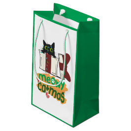 Sacola Para Presentes Pequena Papais noeis pretos Gato enredado em luzes de árvo