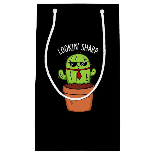 Sacola Para Presentes Pequena Parecendo Sharp Funny Cactus Pun Dark BG (Frente)